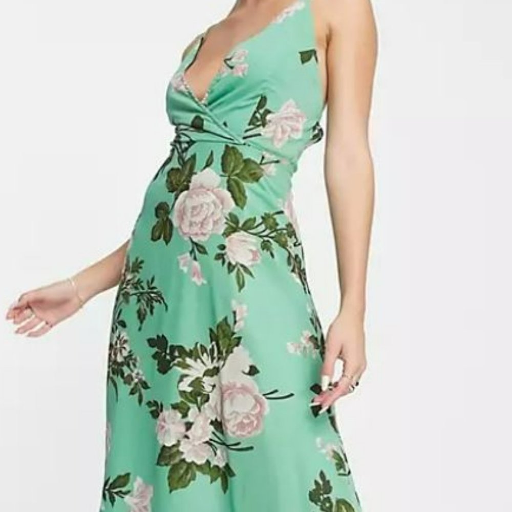 ASOS DESIGN cami wrap midi dress with lace up back in sage floral